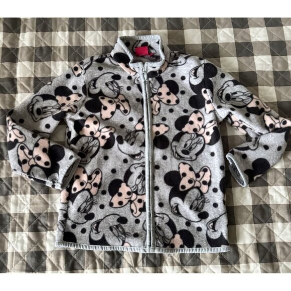 Disney Girls Grey Pink Polkadot Minnie Mouse Cozy Fleece Zip-Up Jacket Size 5 - Picture 1 of 4